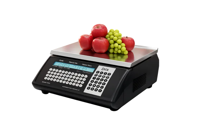 Balança de pesagem com frutas, usada em hortifruti